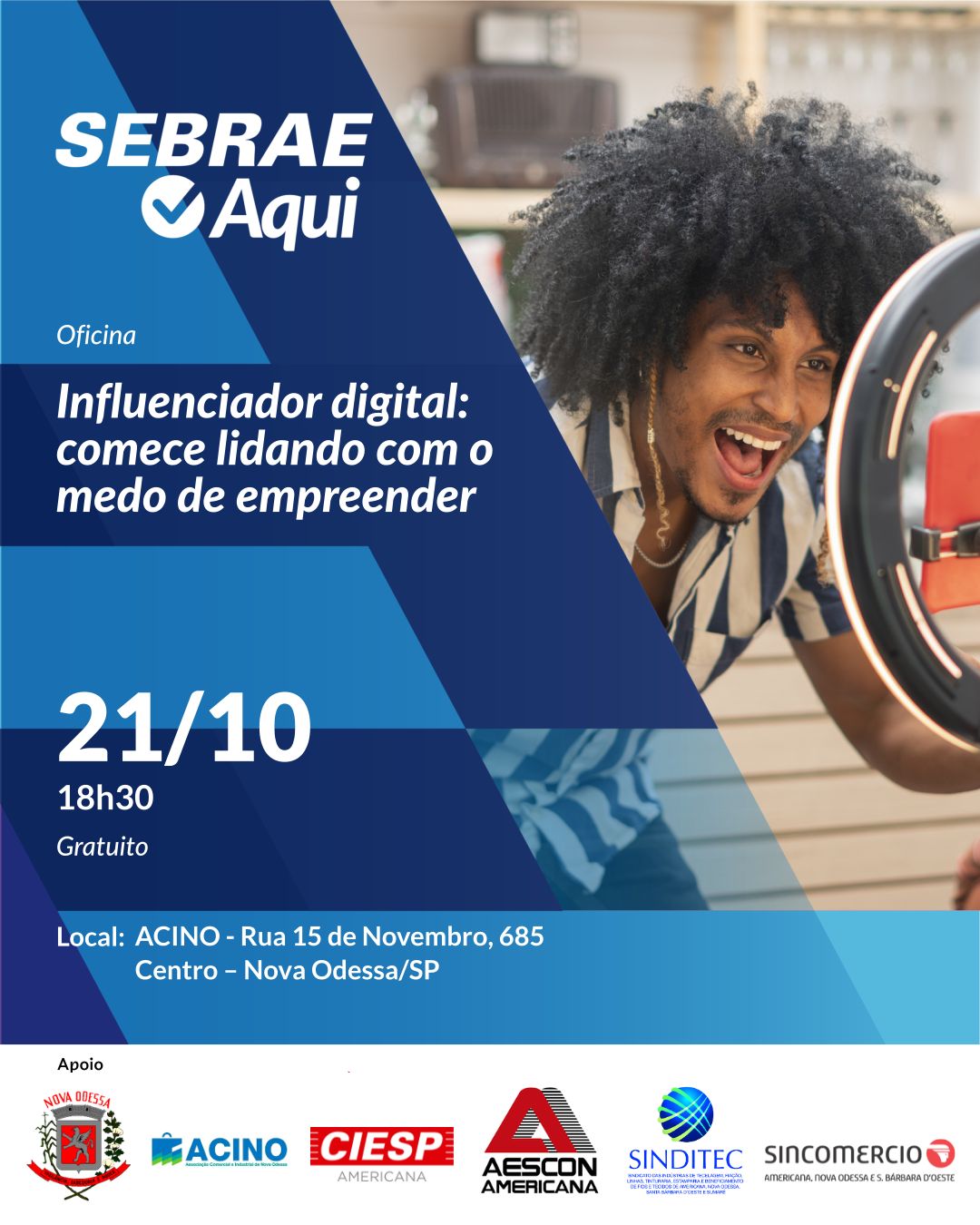 Imagem de Sebrae Aqui Nova Odessa realiza oficina ‘Influenciador digital: comece lidando com o medo de empreender’