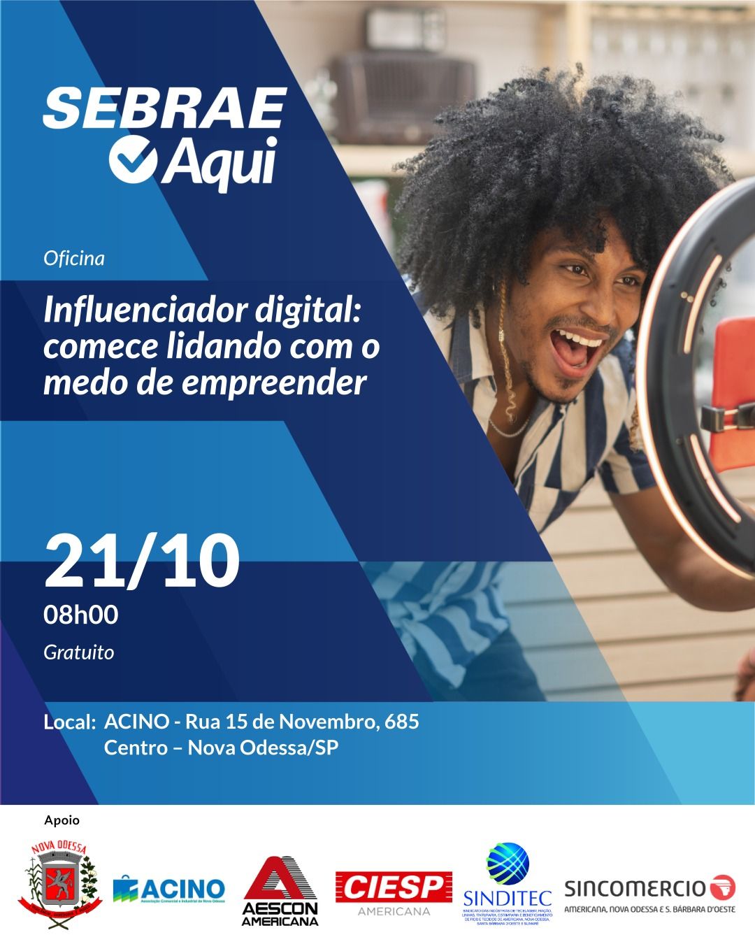 Imagem de Sebrae Aqui Nova Odessa realiza oficina ‘Influenciador digital: comece lidando com o medo de empreender’